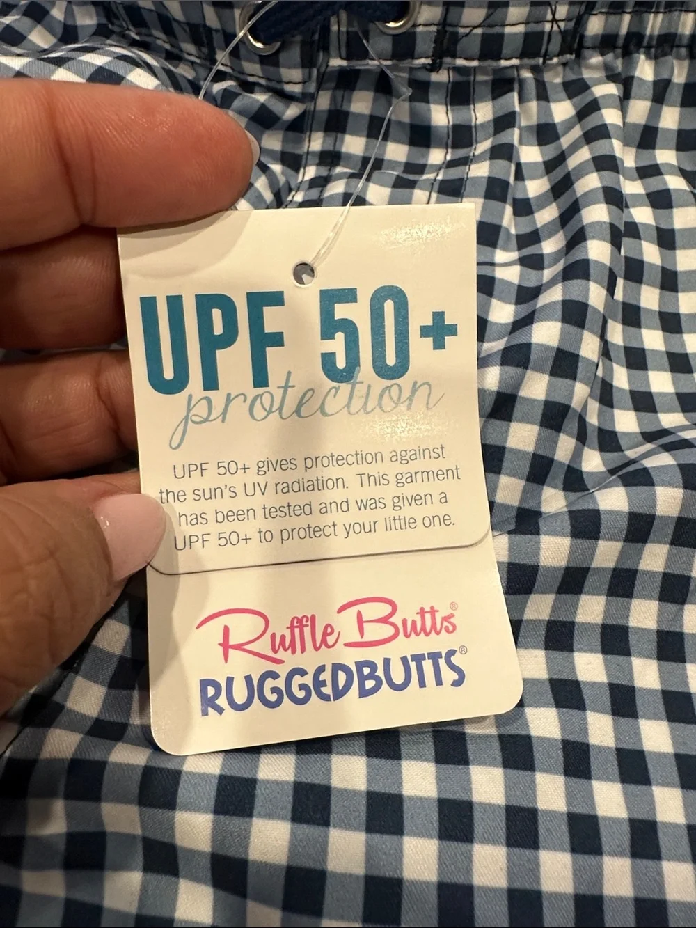 Blue & White Gingham Swim Shorts with UPF 50+